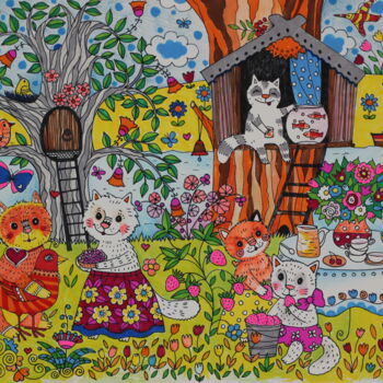 「les chats en vacanc…」というタイトルの絵画 Oxana Zaikaによって, オリジナルのアートワーク, 水彩画