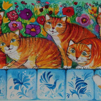 Pintura intitulada "Chats" por Oxana Zaika, Obras de arte originais, Aquarela