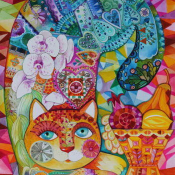 Peinture intitulée "Chat et orchidée" par Oxana Zaika, Œuvre d'art originale, Aquarelle