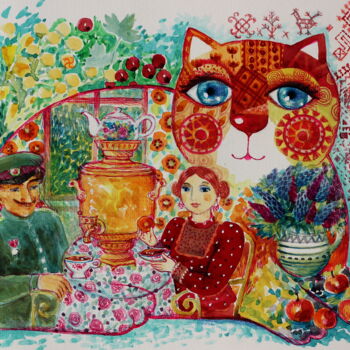 Картина под названием "chat russe" - Oxana Zaika, Подлинное произведение искусства, Чернила