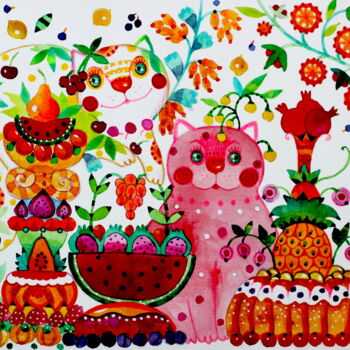Ζωγραφική με τίτλο "fruits et chats" από Oxana Zaika, Αυθεντικά έργα τέχνης, Ακουαρέλα