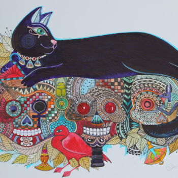 Peinture intitulée "Chat noir égyptien" par Oxana Zaika, Œuvre d'art originale, Encre