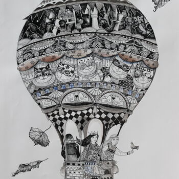Painting titled "montgolfière" by Oxana Zaika, Original Artwork, Ink