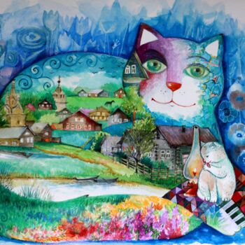 Malarstwo zatytułowany „Village cat” autorstwa Oxana Zaika, Oryginalna praca, Akwarela