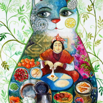 Malerei mit dem Titel "Chat cuisinier" von Oxana Zaika, Original-Kunstwerk, Aquarell