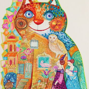 Peinture intitulée "Vitrail chat" par Oxana Zaika, Œuvre d'art originale, Aquarelle