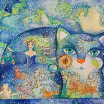 Peinture intitulée "Astro cat" par Oxana Zaika, Œuvre d'art originale, Acrylique