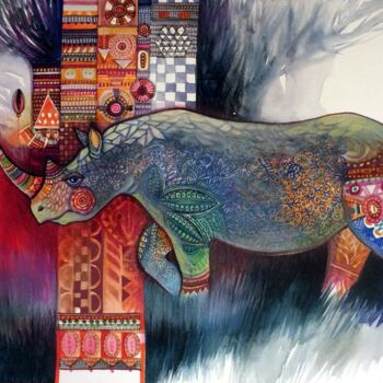 Peinture intitulée "rhinocéros" par Oxana Zaika, Œuvre d'art originale, Huile