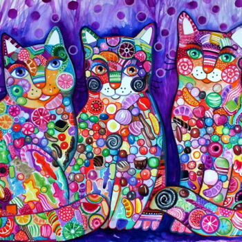 Malerei mit dem Titel "Bonbon chats" von Oxana Zaika, Original-Kunstwerk, Aquarell