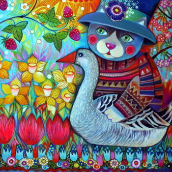 Картина под названием "Chat printanier" - Oxana Zaika, Подлинное произведение искусства, Акрил