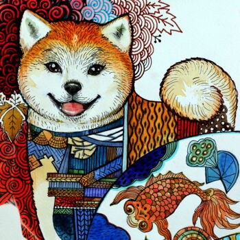 Painting titled "Akita inu" by Oxana Zaika, Original Artwork, Watercolor