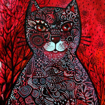 Peinture intitulée "Red cat" par Oxana Zaika, Œuvre d'art originale, Encre