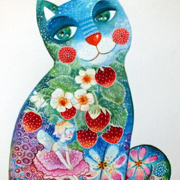 Painting titled "Chat magique" by Oxana Zaika, Original Artwork, Watercolor