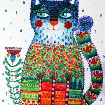 Painting titled "Chat pluie" by Oxana Zaika, Original Artwork, Watercolor