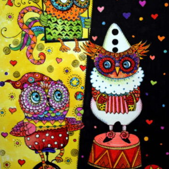 Schilderij getiteld "Owls circus" door Oxana Zaika, Origineel Kunstwerk, Inkt