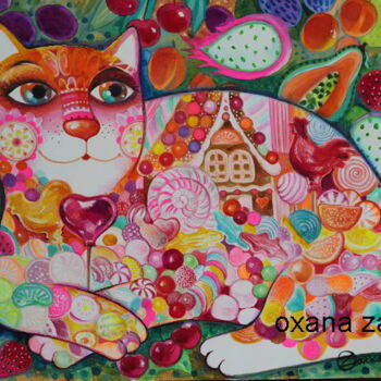 Peinture intitulée "Bonbon chat" par Oxana Zaika, Œuvre d'art originale, Encre