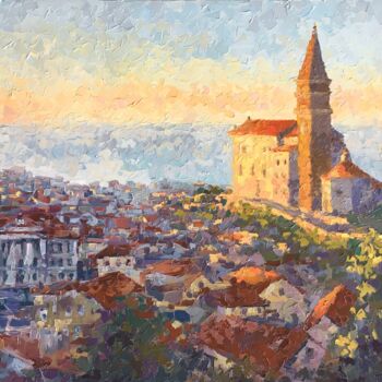 Painting titled ""Piran, Slovenia"" by Oxypoint, Original Artwork, Oil Mounted on Wood Stretcher frame