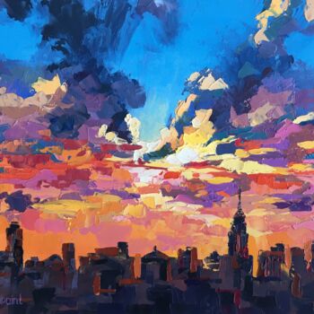 Painting titled ""Sunset in New York"" by Oxypoint, Original Artwork, Oil Mounted on Cardboard