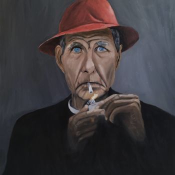 Painting titled "Man with Red Hat" by Özkan Çelik, Original Artwork, Oil Mounted on Wood Stretcher frame