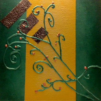 Painting titled "Vert- Jaune et Métal" by Cya, Original Artwork, Oil