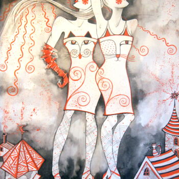 Malerei mit dem Titel "Women - Cats" von Iryna Tatur, Original-Kunstwerk, Tinte