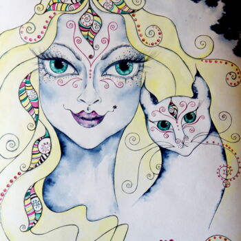 绘画 标题为“Woman and Cat” 由Iryna Tatur, 原创艺术品, 墨