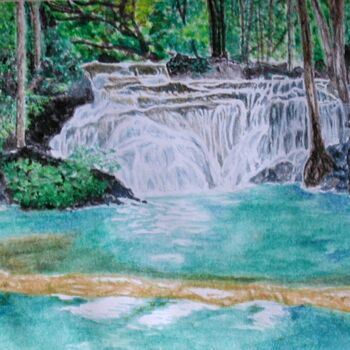 Painting titled "Waterfalls" by P. Le Sommer, Original Artwork, Watercolor