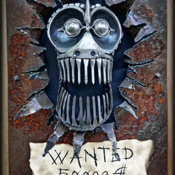 Sculpture intitulée "Wanted" par Pacom, Œuvre d'art originale, Métaux Monté sur Panneau de bois
