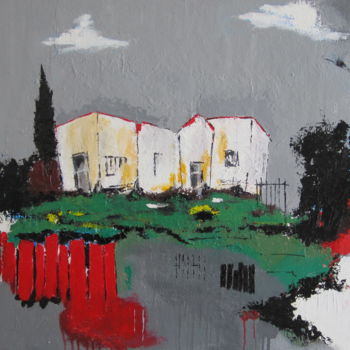 Painting titled "maisons sur la coll…" by Paddy, Original Artwork, Acrylic