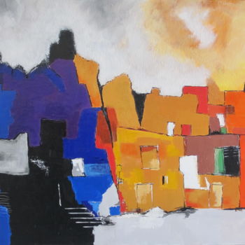 Schilderij getiteld "village imaginaire 1" door Paddy, Origineel Kunstwerk, Acryl