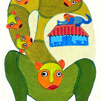 Painting titled "Forest Animals 1" by Padma Shri Awardee Durgabai Vyam, Original Artwork, Acrylic