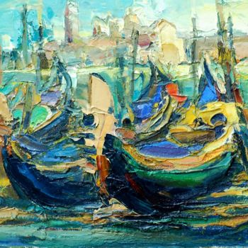 Peinture intitulée "Venice, boats" par Paintings By Various Artists From Ukraine, Œuvre d'art originale, Huile