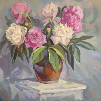 Painting titled "White and pink peon…" by Paintings By Various Artists From Ukraine, Original Artwork, Gouache