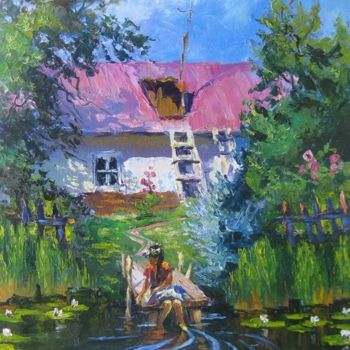 Painting titled "Noon in the village" by Paintings By Various Artists From Ukraine, Original Artwork, Oil