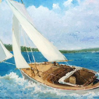 Schilderij getiteld "Boat Sailing" door Paintings By Various Artists From Ukraine, Origineel Kunstwerk, Olie