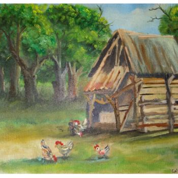 「Hens in the cattle」というタイトルの絵画 Prashanth Paladuguによって, オリジナルのアートワーク, オイル