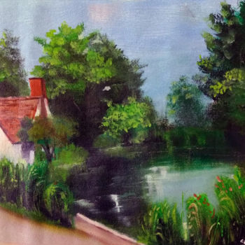 Painting titled "Pond House" by Prashanth Paladugu, Original Artwork, Oil