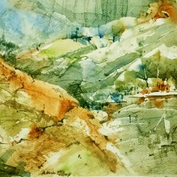 Painting titled "Untitled Landscape" by P Bhaduri, Original Artwork, Watercolor