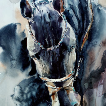Pintura intitulada ""BLACK HORSE"" por Elena Krivoruchenko, Obras de arte originais, Aquarela
