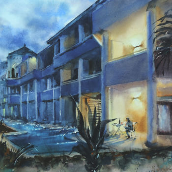 Painting titled ""EVENING AT THE HOT…" by Elena Krivoruchenko, Original Artwork, Watercolor