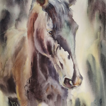 Painting titled ""BROWN HORSE"" by Elena Krivoruchenko, Original Artwork, Watercolor