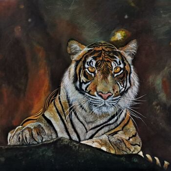 Painting titled "Tigre de feu" by Palmo, Original Artwork, Acrylic Mounted on Wood Stretcher frame
