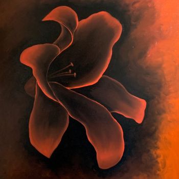 Painting titled "Fiery red lily on b…" by Kirill Parshenkov (Cyril Black), Original Artwork, Oil Mounted on Wood Stretcher f…