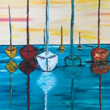 Pintura intitulada "Lanchas en el mar" por Pame, Obras de arte originais, Acrílico