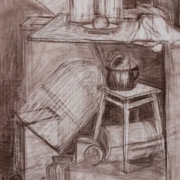 Drawing titled "Sepia Still Life :…" by Pamela Rys, Original Artwork, Conté