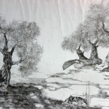 Desenho intitulada "Olivenbaum Landscha…" por Tatjana M. Pankau, Obras de arte originais, Ponta de prata