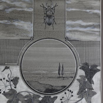 Zeichnungen mit dem Titel "Käfer mit Efeu" von Tatjana M. Pankau, Original-Kunstwerk, Tinte