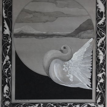 Zeichnungen mit dem Titel "Taube mit Akanthus" von Tatjana M. Pankau, Original-Kunstwerk, Tinte