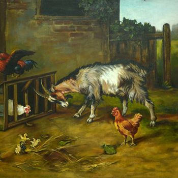 Painting titled "Poultry yard, Canva…" by Pannochki.Art, Original Artwork, Oil