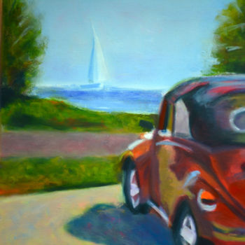 Painting titled "Red car, Canvas, oil" by Pannochki.Art, Original Artwork, Oil